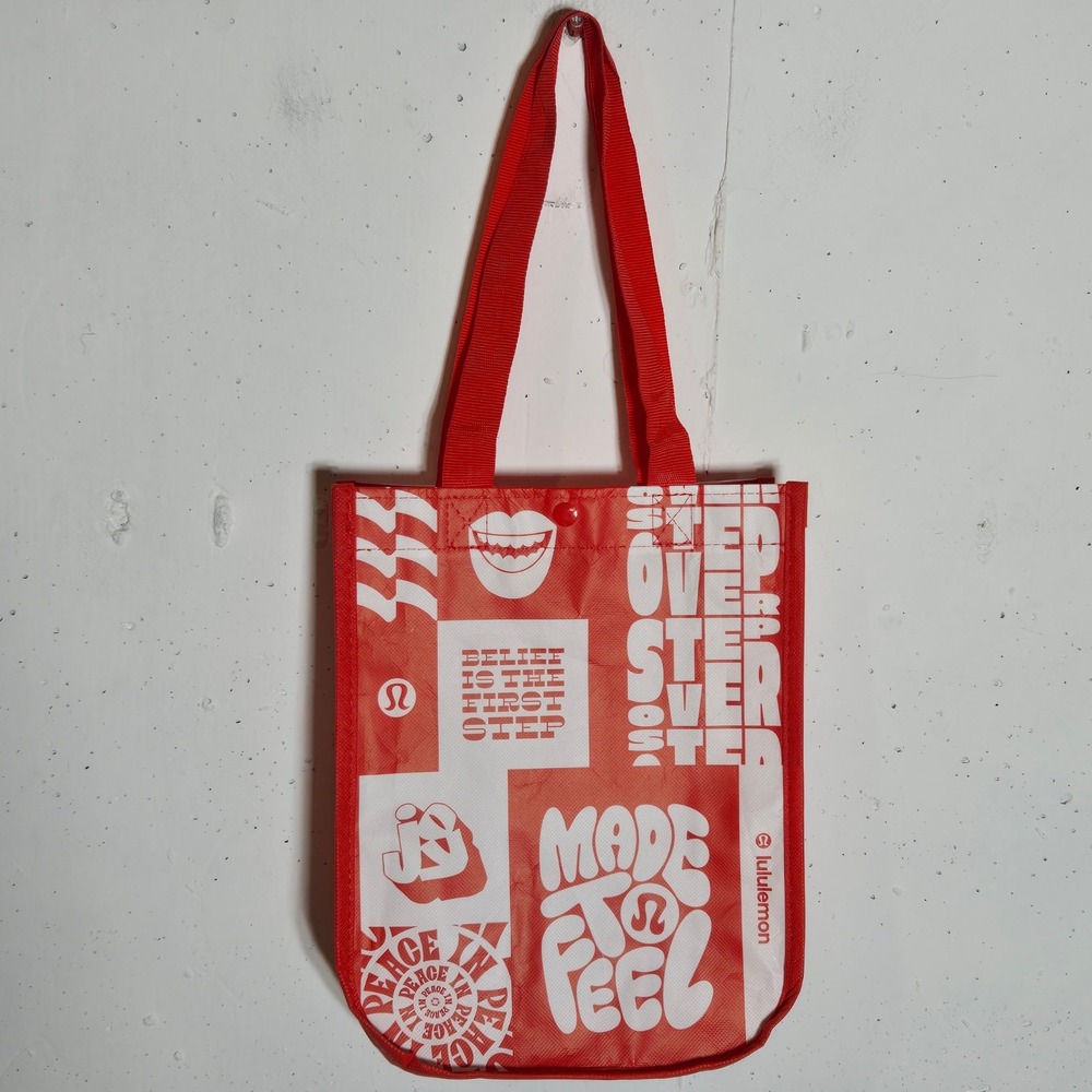 Lululemon Small Reusable Tote Bag Red White Snap Closure Shopping Grocery
